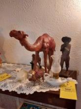 Assortment of Camel Decor, Wooden Figurine, & Miniature Oil Lamp