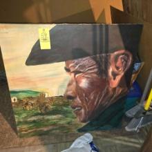 Handpainted Canvas Cowboy and Covered Wagon Painting