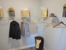 Contents of closet, hamper, Mens L shirts, hangers, gift bags