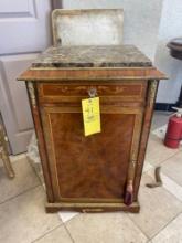 Ornate Inlaid Wood Side Cabinet with Marble Top
