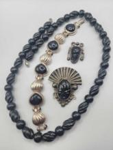 Vintage black onyx jewelry lot, heavy sterling silver bracelet