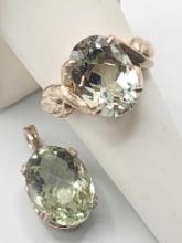 Large green prasiolite & sterling silver ring & pendant