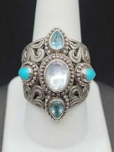 Beautiful sterling silver jeweled ring by Sarda, size 9.5