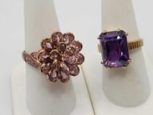 (2) sterling silver gold vermeil rings, pink & purple stones