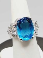 Large blue stone sterling silver ring, size 6