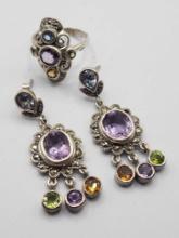 Sterling silver ring & earrings with mixed gems & marcasite
