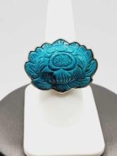 Large carved lotus flower & sterling silver ring, size 8
