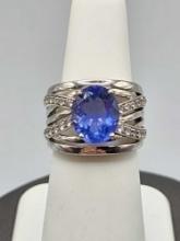 Dramatic sterling silver wide band ring w/ blue stone