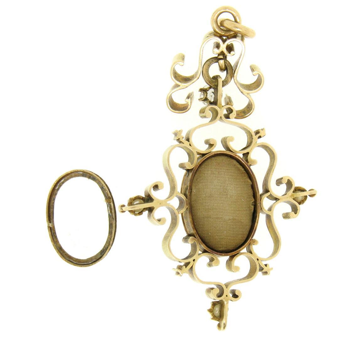 Antique Victorian 14k Yellow Gold Cameo and Diamond Open Work Locket Pendant