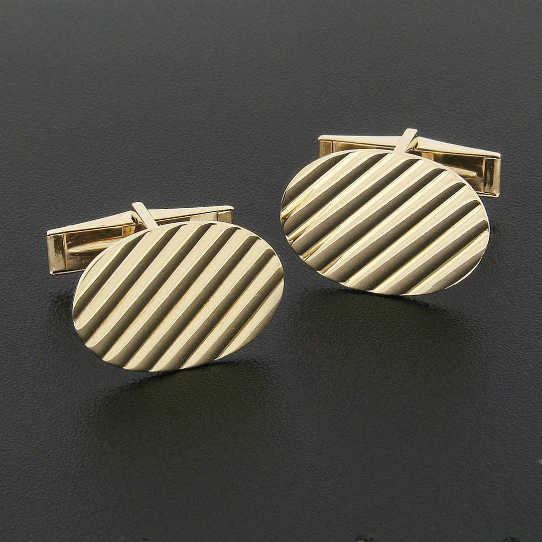 Mens Vintage 14k Yellow Gold Oval Grooved Lines Polished Finish Swivel Cufflinks