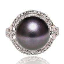12mm Tahitian Pearl and 0.37 ctw Diamond 14K White Gold Ring