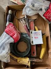 Filter, wrenches, goggles, antique oil spouts mini level