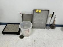 LOT: S/S INSERT, 2-FULLSIZE SHEET PANS, MASHER, 22-QT. CONTAINER, STEP, WIRE STRAINERS