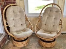 Pair of Rattan Rocking and Swivel Chairs with Upholstered Cushions
