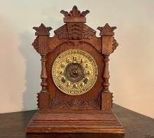Small Ansonia Clock Co. Wooden Eight-Day Mantle Clock with Decorative Brass Face