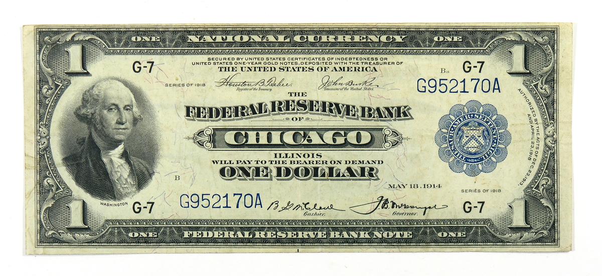 1918 $1 National Currency Bank Note. Federal Reserve Bank of Chicago Illino
