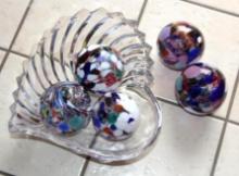 Five Blown Glass Orbs in Heart-Shaped Crystal Bowl